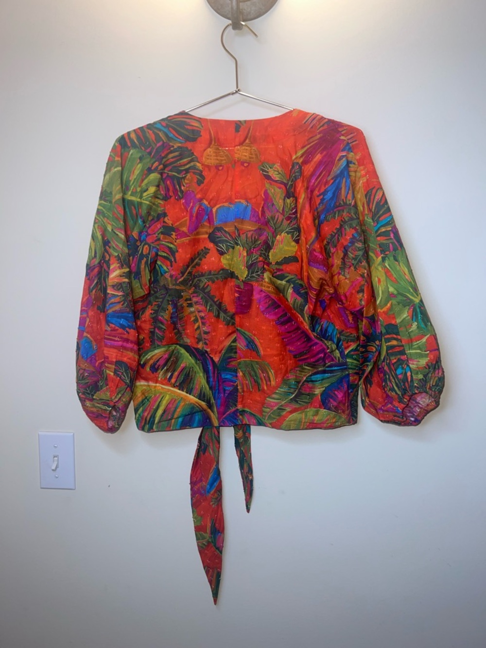 Farm Rio Urban Jungle Tie Front Top XS NWT Tropical Puff Sleeve Crop - Picture 2 of 10